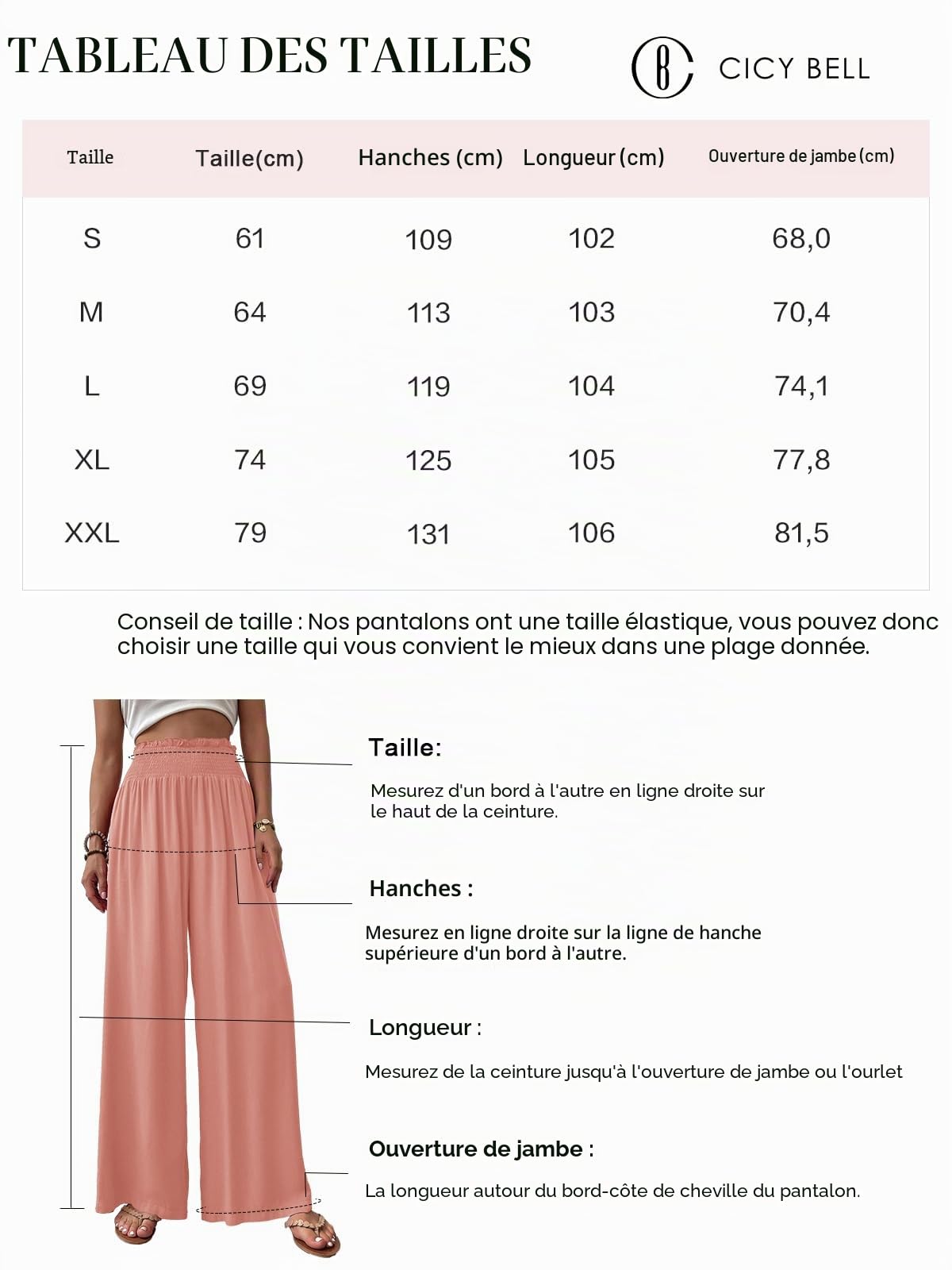 Cicy Bell Pantalon Palazzo pour femme, droit, ample, élastique, avec poches