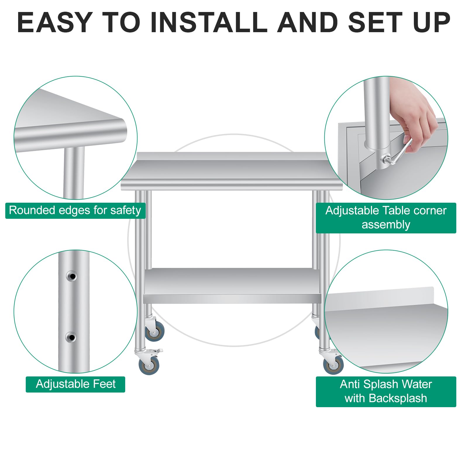 Mesa de preparación de acero inoxidable, 36 x 24 pulgadas, con protector contra salpicaduras, estante inferior ajustable y 4 ruedas giratorias, mesa comercial resistente con estante inferior ajustable