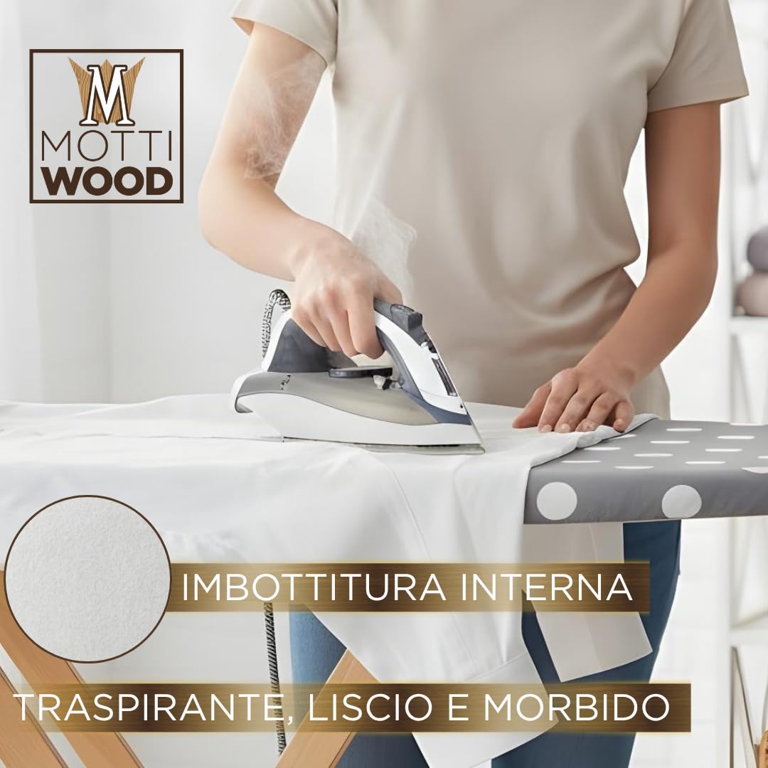 Asse da Stiro Premium, 100% Legno Massiccio di Faggio, Tavola da Stiro con Fori Traspiranti, Pieghevole, 3 Posizioni, 143x37,5x93,5, Made in Italy
