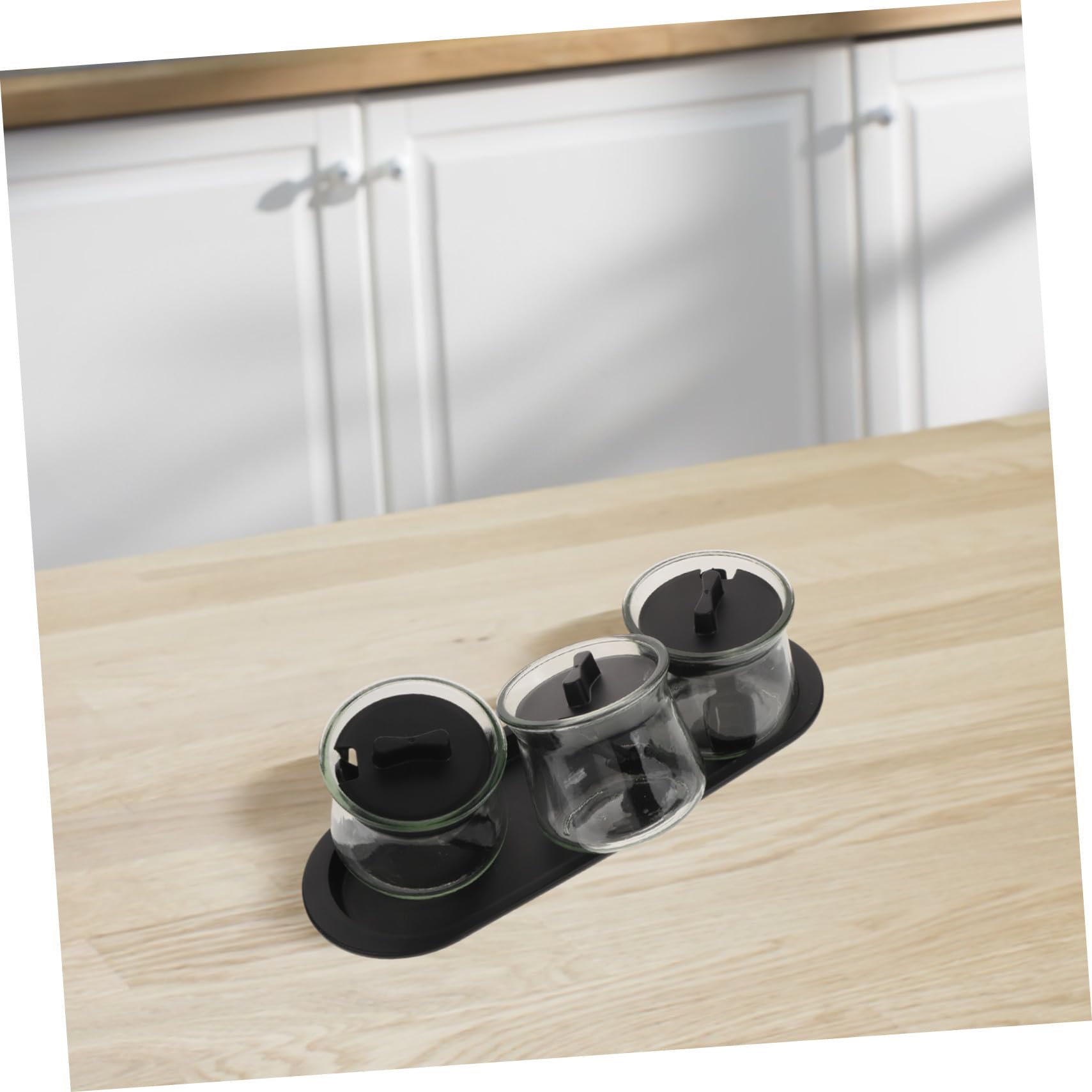 3stücke Gewürzflasche mit Tablett und Gewürzbehältern aus Glas für Salz Zucker Gewürze Küchen-würzmittelflasche für Aufbewahrung von Gewürzen und Würzmittelglaslöffeln