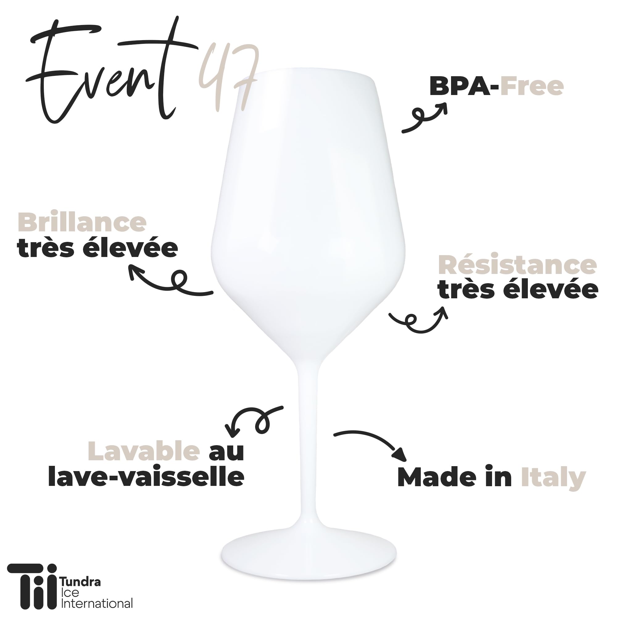 TUNDRA - Lot de 6 Verres a Pied | EVENT 47 cl | en PLASTIQUE RIGIDE (Tritan), Réutilisables, Verres à Vin Incassables, BPA-Free et Lavables au Lave Vaisselle, Verre à Vin, à Cocktail, (Blanc)