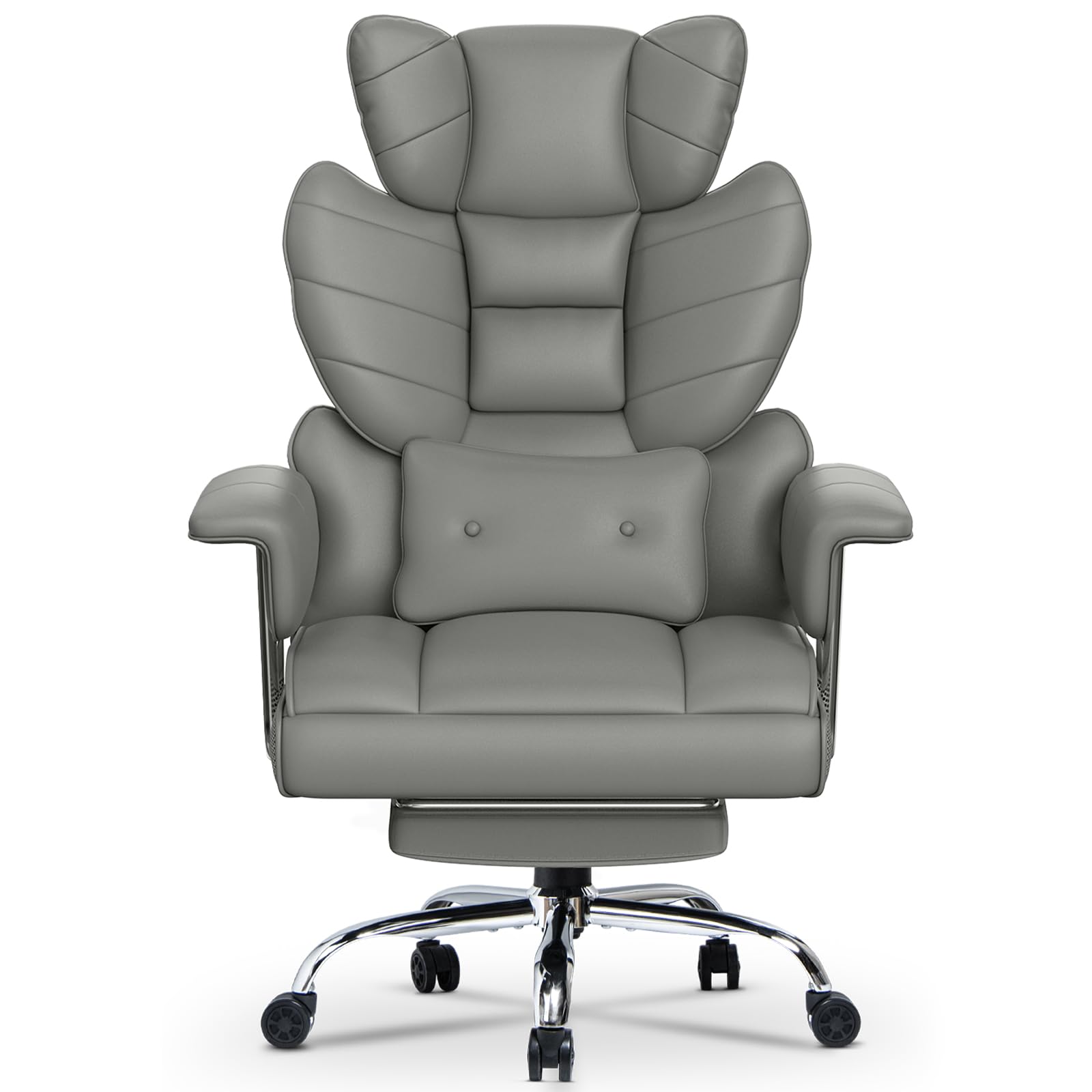 Racingreat Silla de Escritorio ergonómica con reposapiés Extensible,Silla de Oficina Ajustable en Altura,Respaldo Blando Grande,Apoyo Lumbar Individual,Silla de Oficina en Cuero de PU,Gris