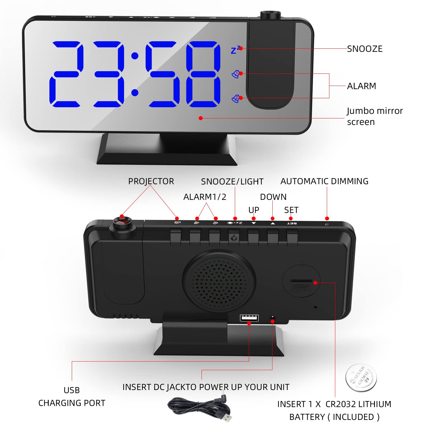 Sveglia con proiezione Orologio digitale da comodino con proiettore a 180° 7,4 '' Ampio schermo a specchio Display Porta di ricarica USB 4 livelli Luminosità Dimmer Snooze Dual Alarm Setting