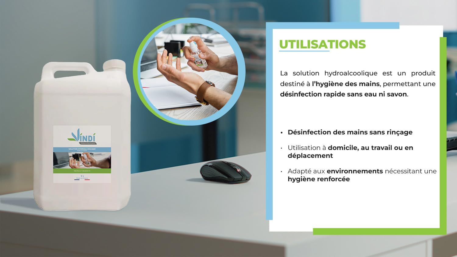 Vindi Désinfectant solution hydroalcoolique - Bidon de 5L - Fabrication Française - 76% d'alcool - Désinfection des mains et des surfaces - Virucide