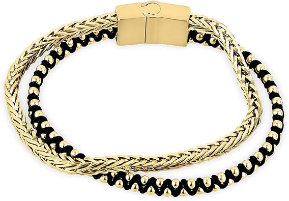 Buve Stainless Steel Two-Row Bracelet, Gold Franco Box Chain, Ball Chain Interwoven with Black Cotton Rope Bracelet | 8 inch Chain Bracelet in Gold and Black | for Men and Women