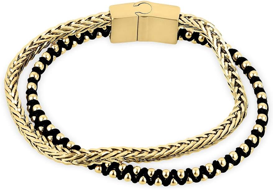 Buve Stainless Steel Two-Row Bracelet, Gold Franco Box Chain, Ball Chain Interwoven with Black Cotton Rope Bracelet | 8 inch Chain Bracelet in Gold and Black | for Men and Women