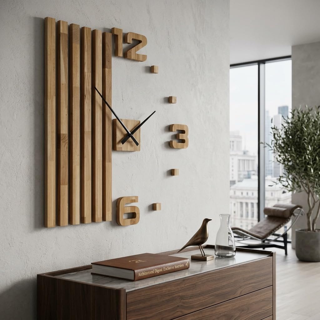FLEXISTYLE large wall clock DIY Wooden Oak Slats 100cm 3d modern unusual design decoration clocks for Office Living Room Bedroom Decorative Item silent non ticking