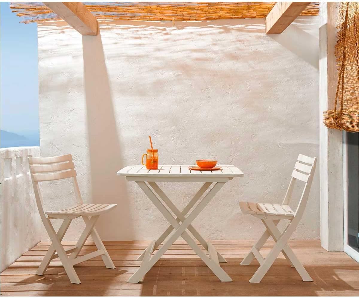 KURIL Conjunto Mesa y 2 Sillas Plegables de Jardín – Set Bistro Exterior para Terraza, Balcón o Piscina – Muebles de Jardín Plegables Resistentes y Compactos