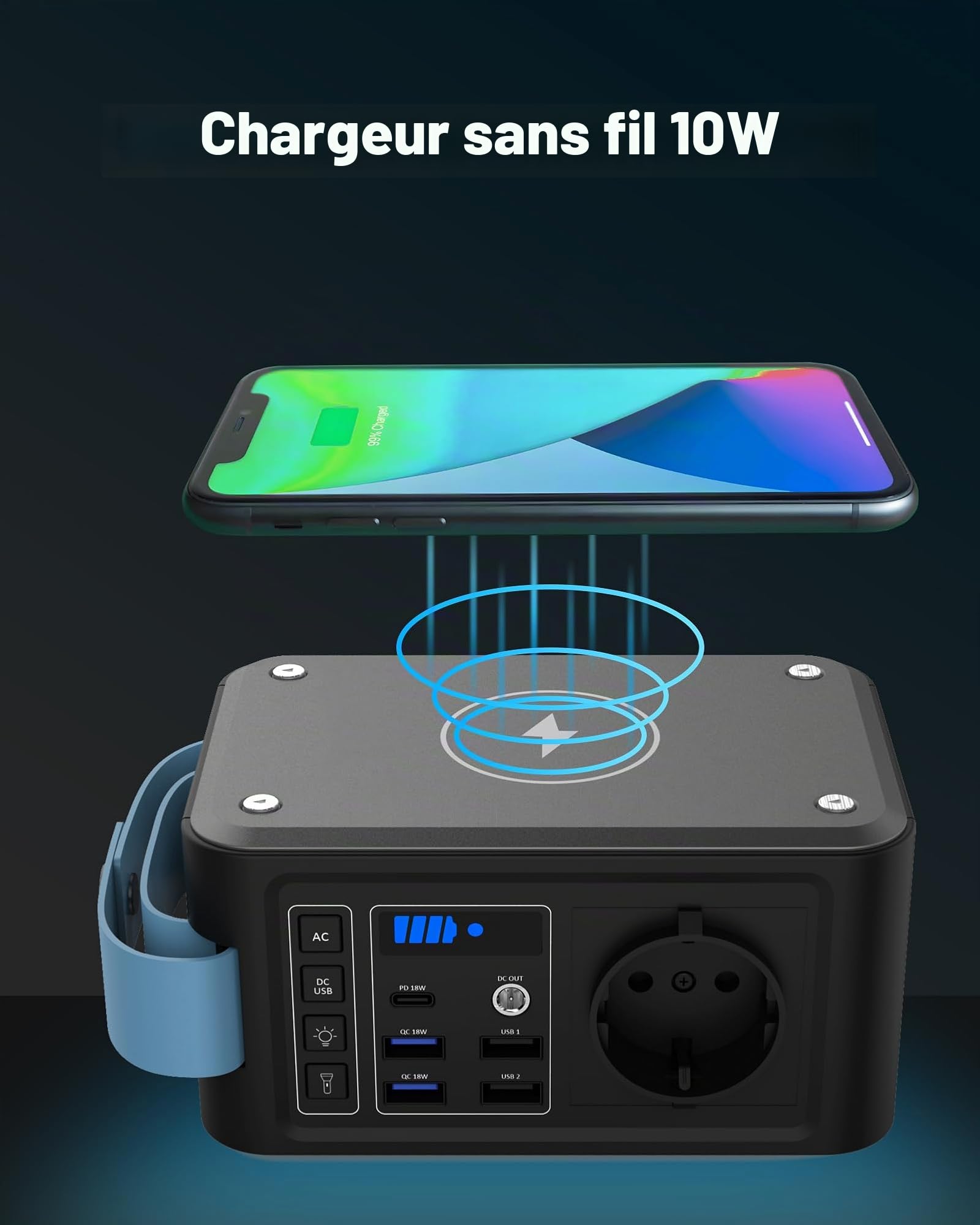 Batterie Externe 230 V avec Prise 88,8 Wh Powerstation, Chargeur sans Fil 10 W, générateur Solaire 120 W USB LED pour Camping, Urgence en Plein air