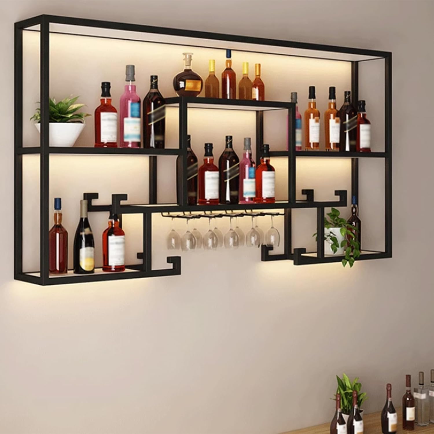 Étagère de rangement murale à vin LED support verre suspendu cuisine