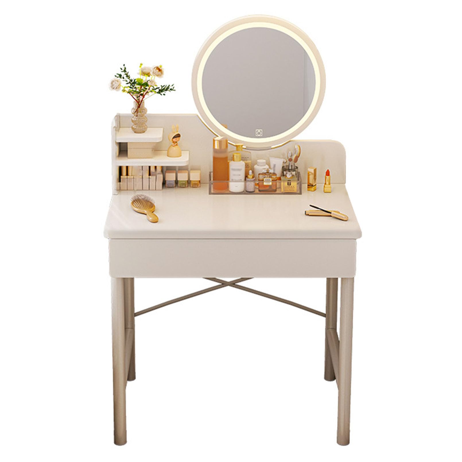 Tocador de maquillaje con espejo LED táctil regulable y cajones organizadores para cosméticos