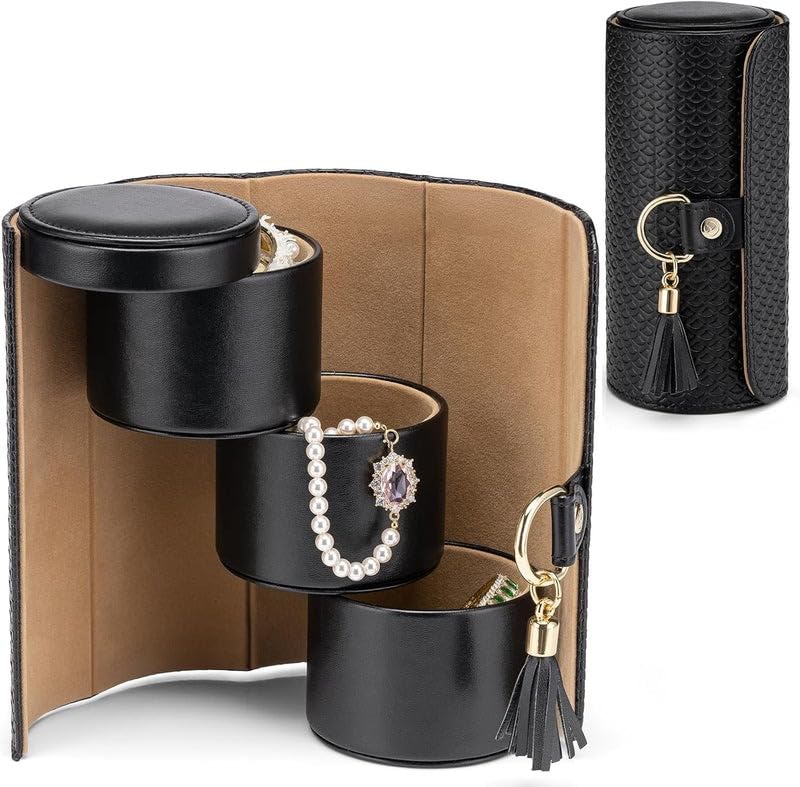 Image of Homero 3-Layer Foldable Jewellery Organizer Box for Women | Portable Travel Jewellery Case with Rotating Storage | PU Leather Jewellery Storage Box for Rings, Earrings & Necklaces