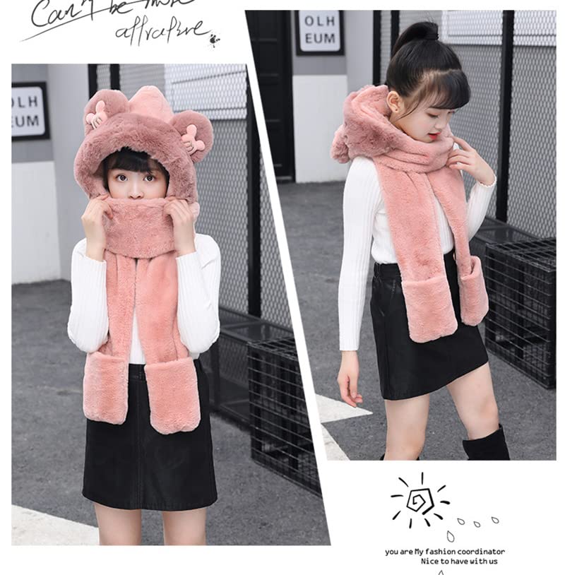 Kid Animal Hooded Scarf Girl Winter Trapper Hat with Earflap 3 in 1 Cute Bear Rabbit Beanie Children Plush Pocket Glove Set4