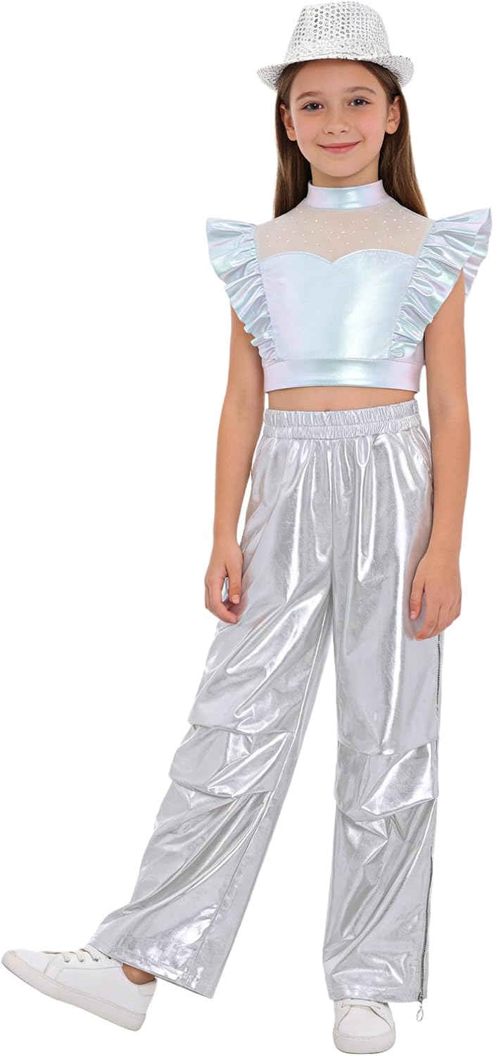 dPois Kids Girls Jazz Dance Outfit Metallic Ruffle Crop Top Tear Away Side Zipper Shiny Cargo Pants Silver 16 Years