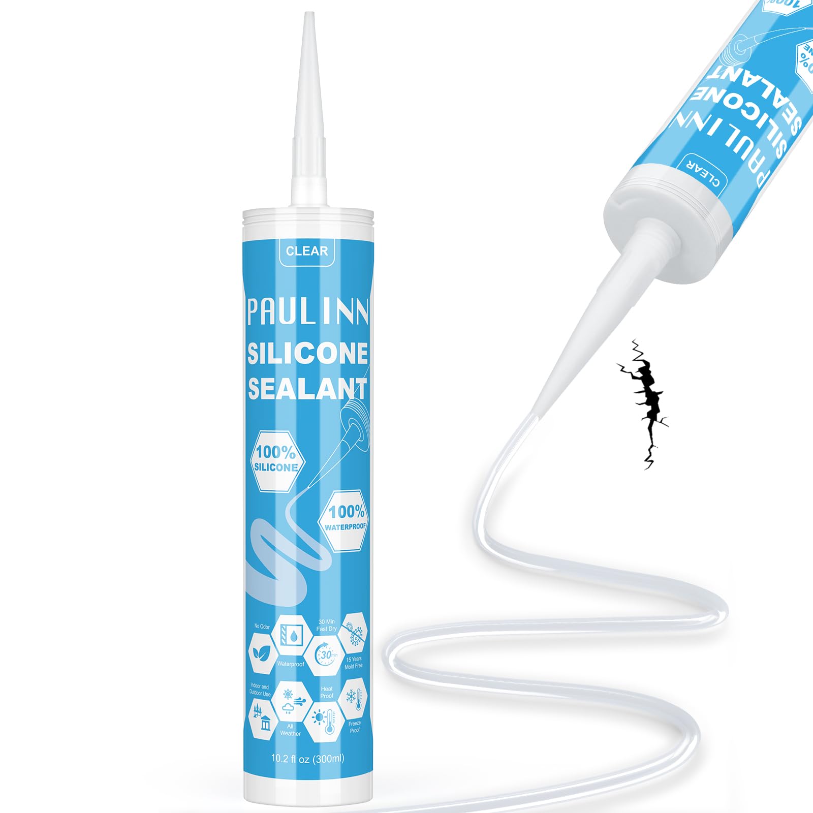 PAULINN Silicone Sealant, 100% Silicone Caulk Clear Waterproof for RV, Kitchen, Bath, General Use, Window, Door, Glass, Marine, 10.2 Oz, 1 Pack