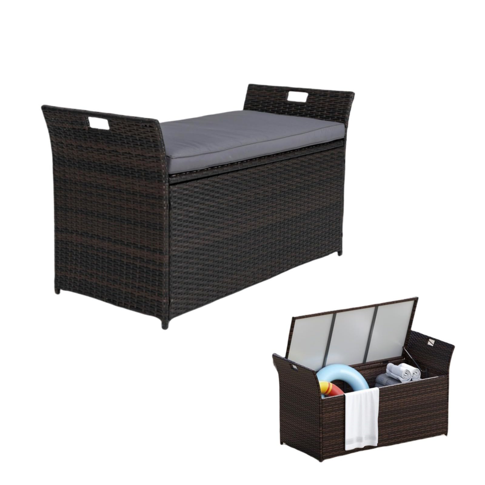LIFEZEAL Aufbewahrungsbank Rattan, Gartenbank mit abnehmbarem Kissen, seitlichen Griffen, Aufbewahrungstruhe für Schwimmbad, Terrasse, Patio, Garten