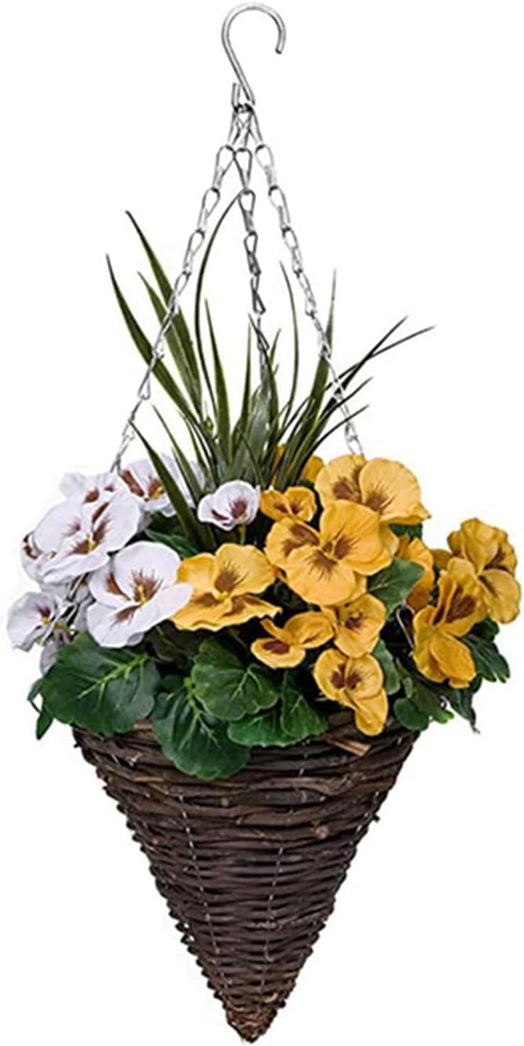 Rustic Cone Shape Hanging Flower Basket, Rattan Wall Hanging Planter Pot with Hanging Chain, for Outdoor Home Garden Wall Decor (M: 31*26*20cm, chain 36cm)