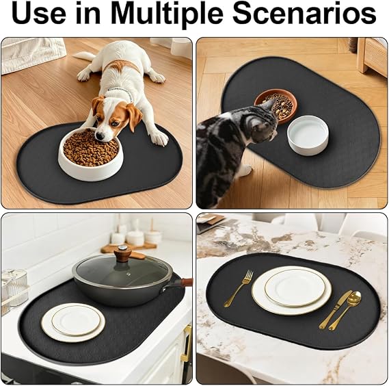 Bowl Mat for Dog and Cat, 100% Waterproof Food Mat with 8MM Raised Edges, Premium Silicone with Footprints Pattern, Easy to Clean, Anti-Slip and Quick Dry, Protect Floors (48x30cm, Black)