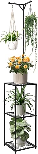 CZWL&HG Soporte de 3 niveles para plantas colgantes para interiores y exteriores, estante de metal de 67 pulgadas de alto para 5 flores en maceta,