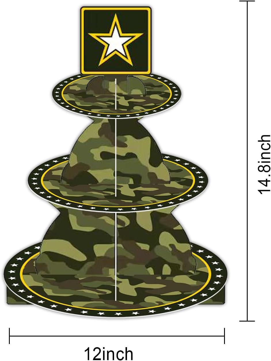 Military Army Camouflage Cupcake Stand,3 Tier Sturdy Cardboard Food Display Cupcakes Tower Holder for Army Themed Party Camo Birthday Party Decor image 2