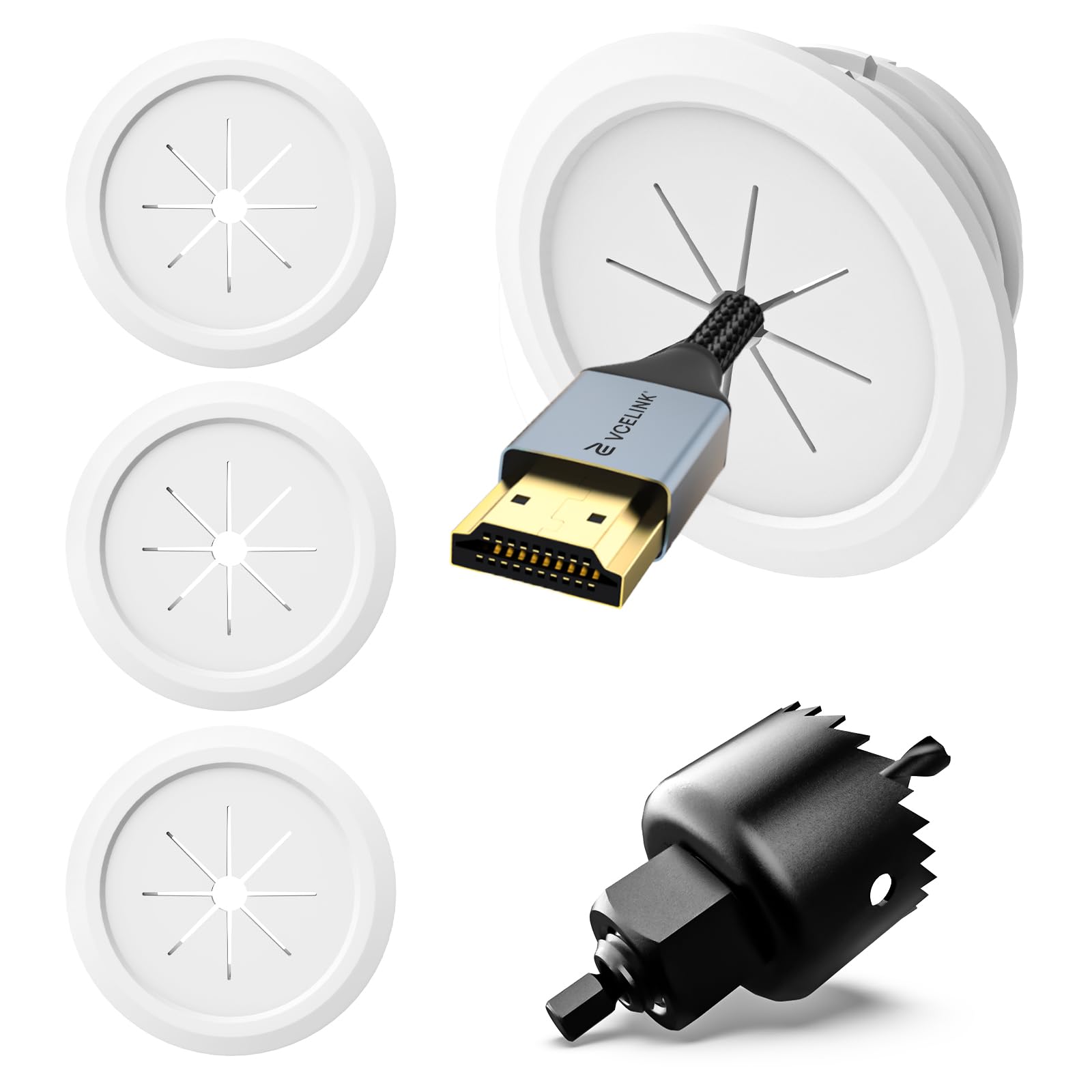 Photo 1 of VCELINK TV Cord Hider for Wall Mounted TV, 2.36" (60 mm) Mini White Cable Management Kit Hides TV Wires- Push Type, 4 Pack Wall Cord Pass Throughs and 1 Hole Saw Drill- Ideal for Mounted TVs, Desks