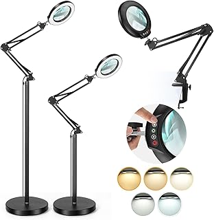 5X Magnifying Glass with Light and Stand, Drdefi 3-in-1 Adjustable Swing Arm Magnifying Floor Lamp, 5 Color Modes Stepless Dimmable LED Lighted Magnifier Lamp with Clamp for Craft Reading Close Works