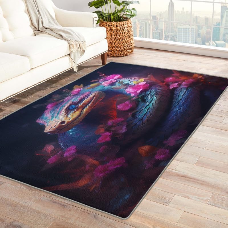 Miniatura 8 de Alfombra de serpiente de 4 x 6 pulgadas, alfombra de pitón para sala de estar, dormitorio, lavable, antideslizante, suave, alfombra de pelo bajo,