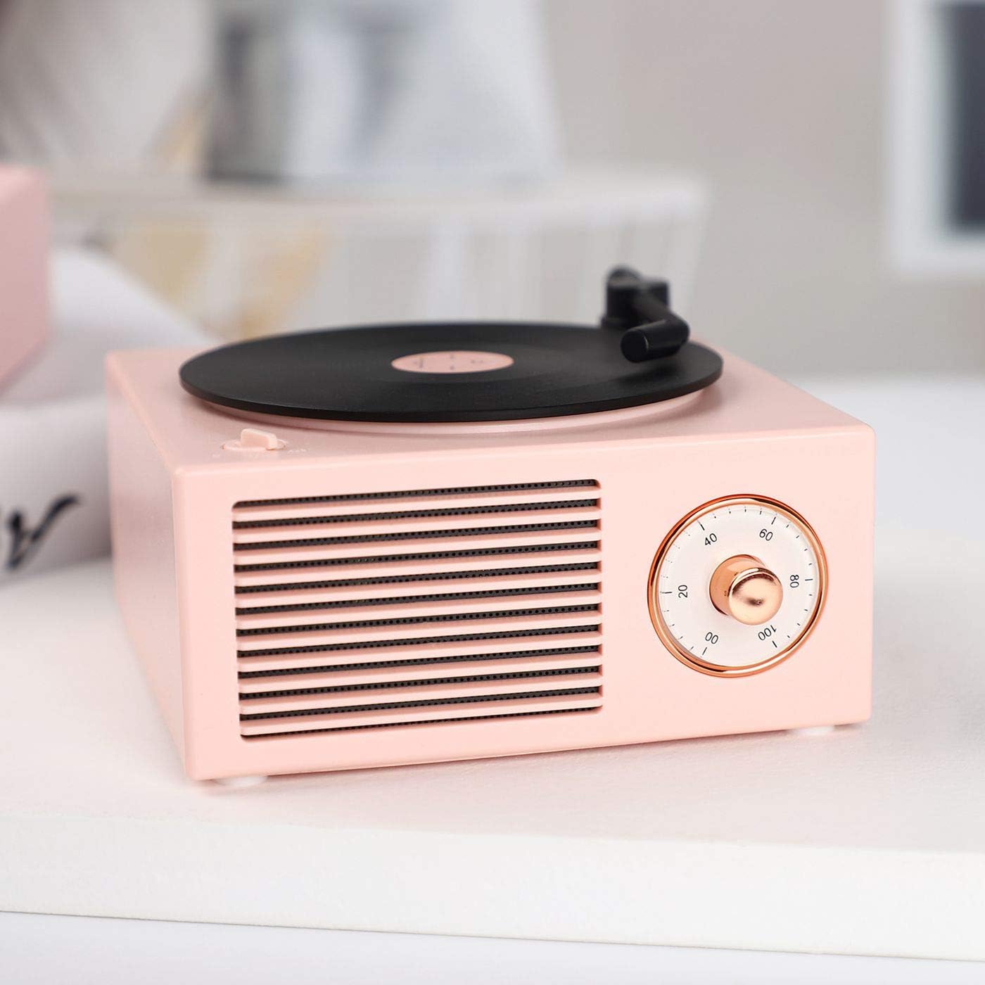 Old Fashioned Classic Style Bluetooth Speaker Cute Pink Look Creative Vinyl Record Player Gift for Girls Bass Enhancement Loud Volume Black Glue Speaker by Benzama