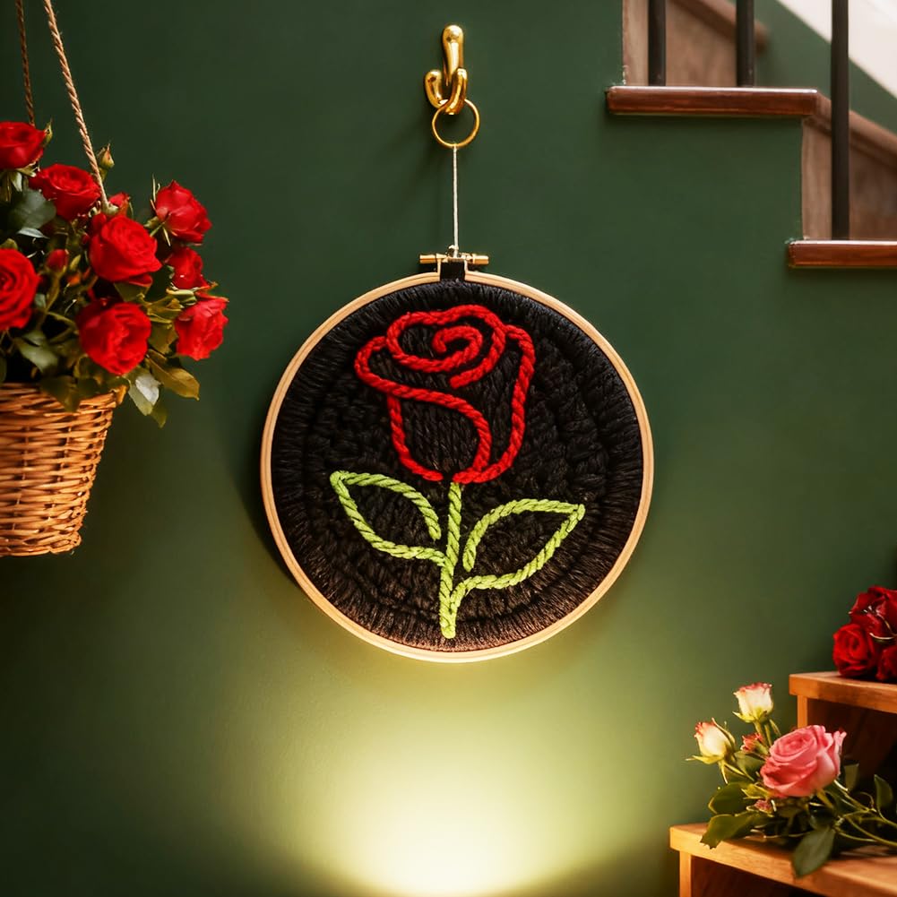 INFUNLY Set di aghi per ricamo a forma di rosa semplice fai da te per principianti, nero rotondo punch needle Starter Set da 8,7 pollici, facile per adulti con istruzioni per ricamo e filo
