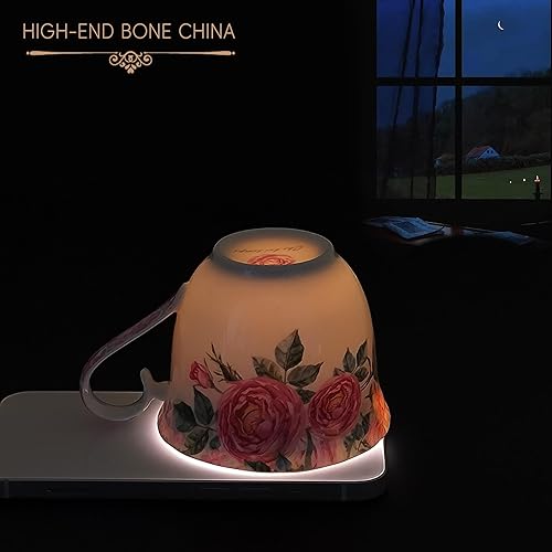 Miniatura 4 de Tazas de té y platillos, juego de tazas de café de porcelana floral de hueso de 7.5 onzas con cuchara, tazas de té de jardín vintage con ribete