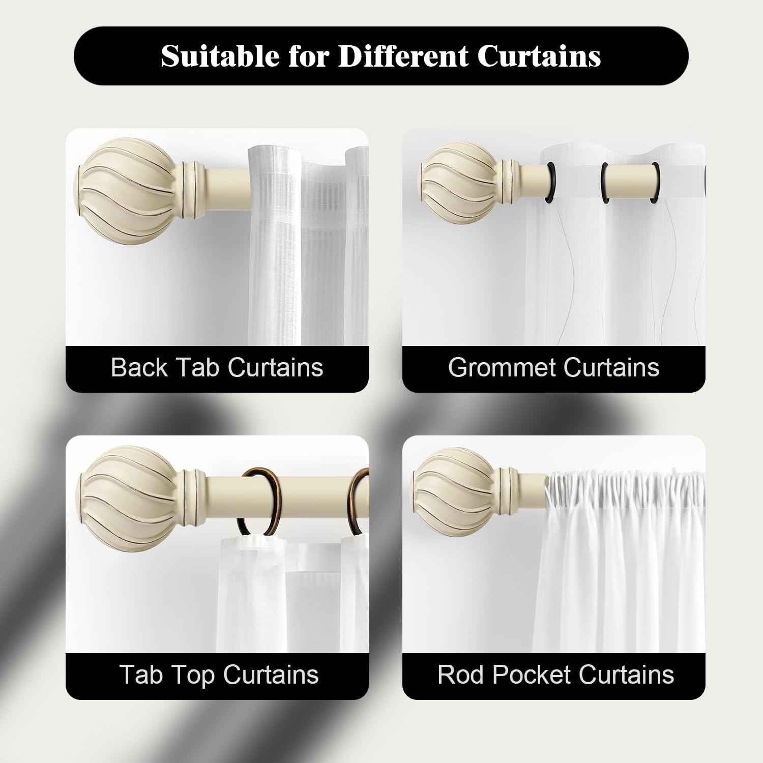 Oneach White Curtain Rods for Windows 28 to 48 Inch, 7/8" Adjustable Heavy Duty Decorative Drapery Rods with Round Netted Texture Finials (Pack of 1, 18 to 60 Inch)