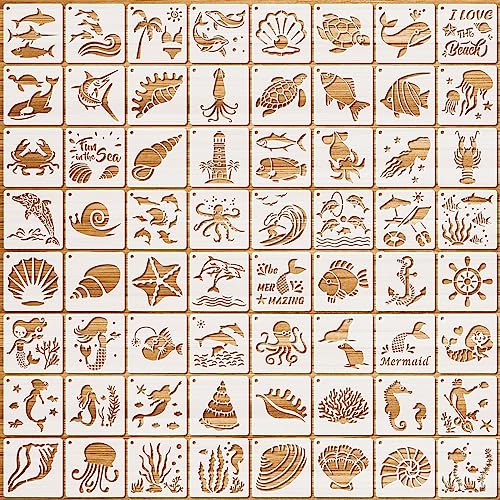 OOTSR 64 Stk Schablonen von Ozean und Strand, 7.62CM Zeichnung Malschablonen DIY, Wiederverwendbar Kunststoff Schablonen Vorlagen, Möbel...