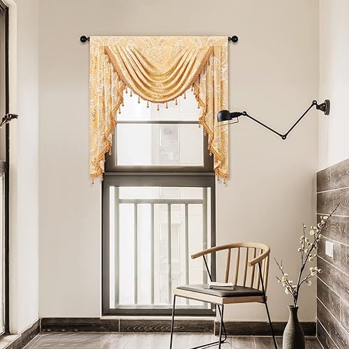 Miniatura 5 de ELKCA Cenefa de cascada de jacquard dorado de damasco para cocina, sala de estar, cenefa con bolsillo para barra para ventana pequeña, 39 pulgadas,