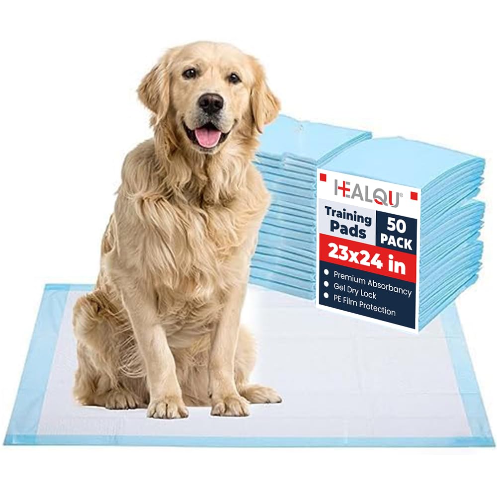 Healqu Puppy Pads - 50-Count, 24x24 - Advanced Leakproof Technology for Housebreaking & Training - Ultra Absorbent Puppy Pee Pads - Ideal for Dogs, Puppies, Cats - Attractant Pet Training Pads