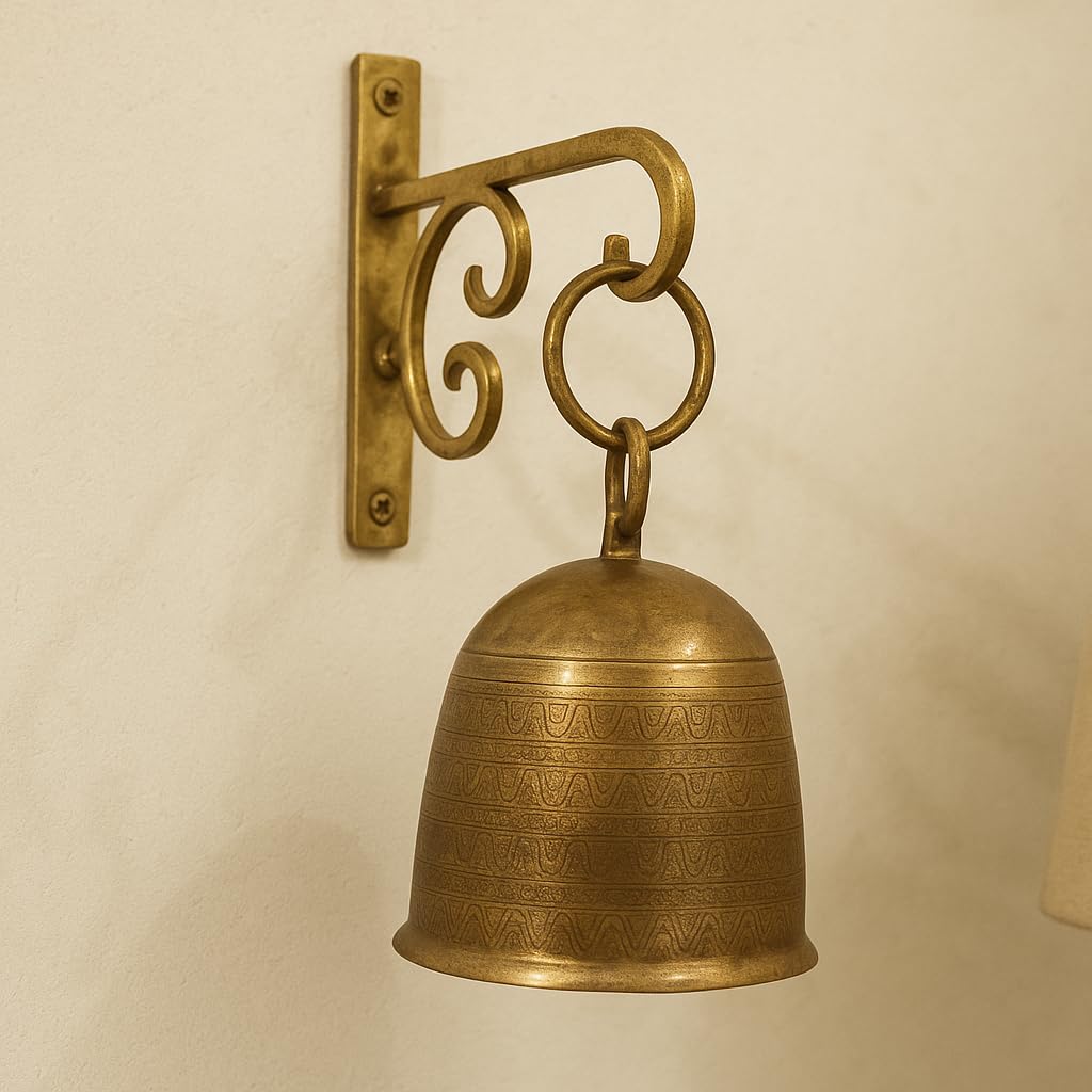Little eXtra Brass Hanging Temple Bell with Hook Handcrafted Antique Wall Showpiece for Diwali, Pooja Room, Home Entrance & Festive Dcor 13.5x11x24 cm