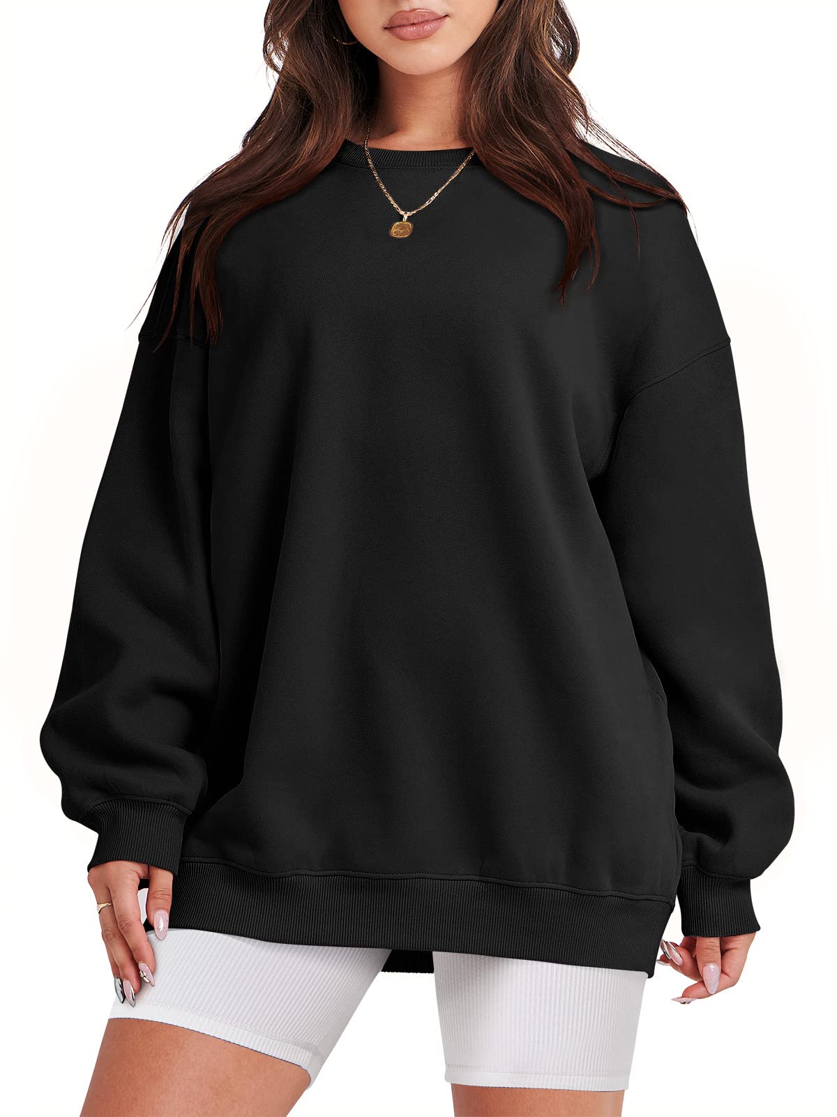 Damskie bluzy oversize bluzy z kapturem polar okrągły dekolt sweter top codzienne jesienne stroje preppy ubrania nastolatki 2024 A1019 światło, Jeden kolor, Black_X-Small