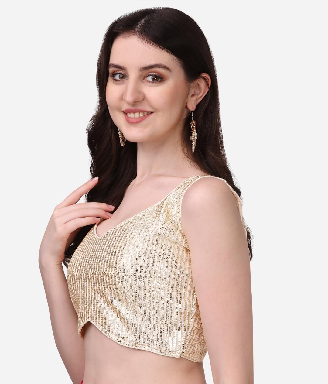 Pujia Mills Women's Multicolor Sweetheart Neck Georgette Line Soft Embroidery Sequence Zari Work Sleeves Readymade Saree Blouse (36, Cream)