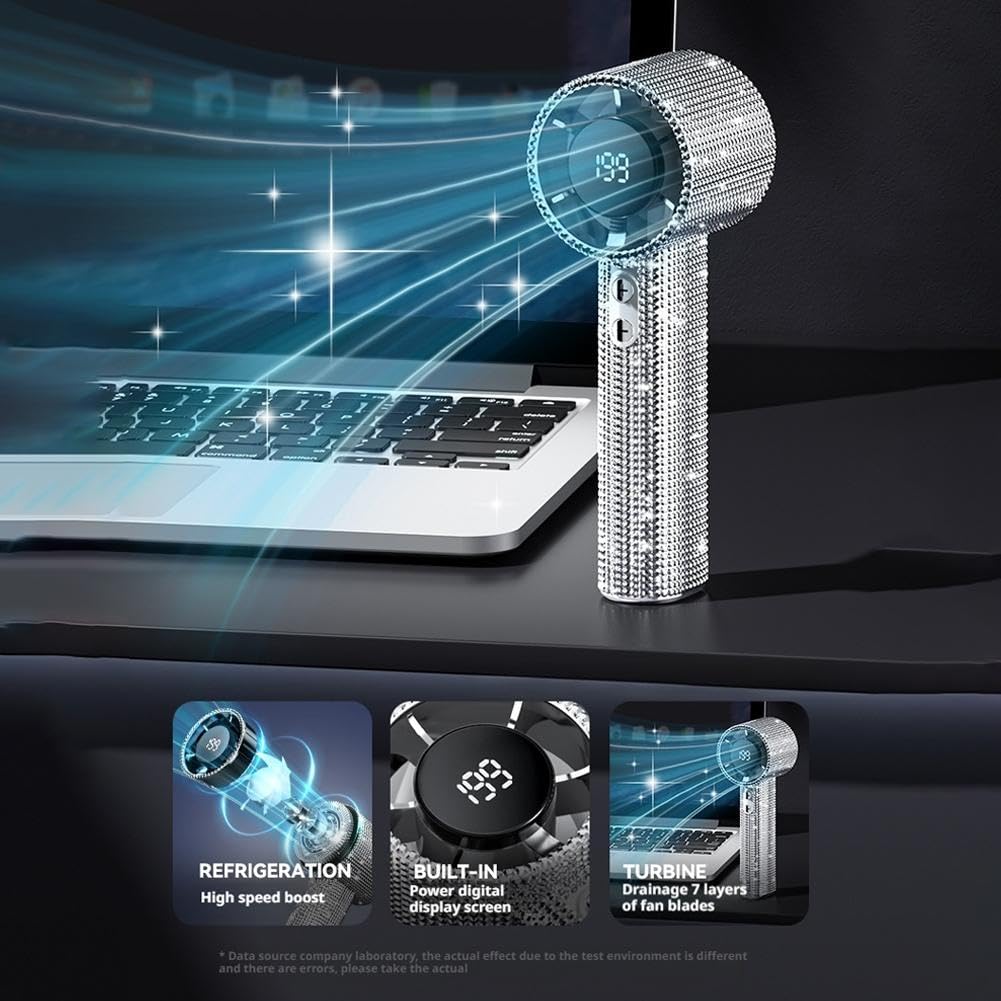 Full Diamond, ventilatore portatile portatile turbo, con strass, mini ventola di raffreddamento personale, ricaricabile con display digitale, per casa, ufficio, viaggi, attività all'aperto