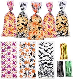 VEYLIN 120 Pieces Halloween Cellophane Bags Candy Bags with 150 Twist Ties for Halloween Party Supply