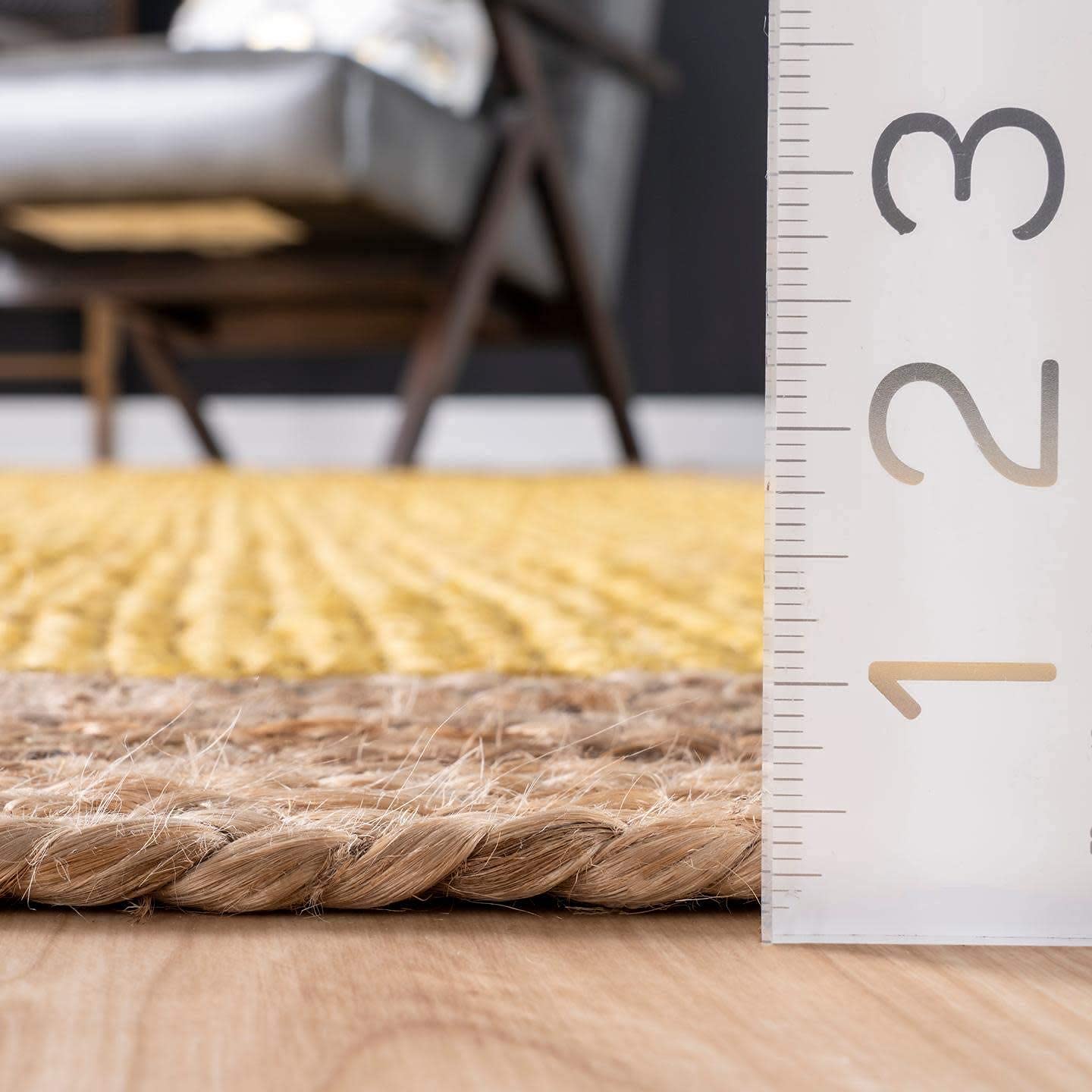 Tapis rectangulaire tressé à la Main en Jute Jaune avec Bordure Beige, Aspect Rustique (60 x 110 cm)