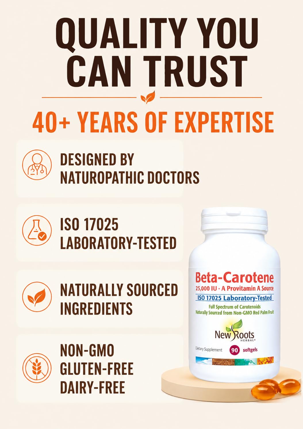 NEW ROOTS HERBAL Beta-Carotene 25,000 IU Supplements | Provitamin A | 90 Softgels | Full Spectrum Carotenoids | Naturally Sourced from Non-GMO Red Palm Fruit + Organic Flax Seed Oil — Amazon image 5