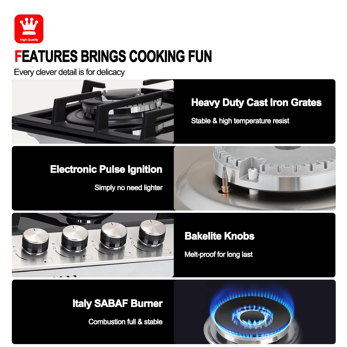 24" Gas Cooktop, GASLAND Chef GH60BF 4 Burner Builtin Gas Stovetop, 24