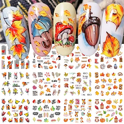 12 Sheets Fall Nail Art Stickers Decals Autumn Leaves Nail Decorations Maple Leaf Pumpkin Fox Owl Thanksgiving Designs Water Transfer Nail Supplies DIY for Women Girls (Leaf)