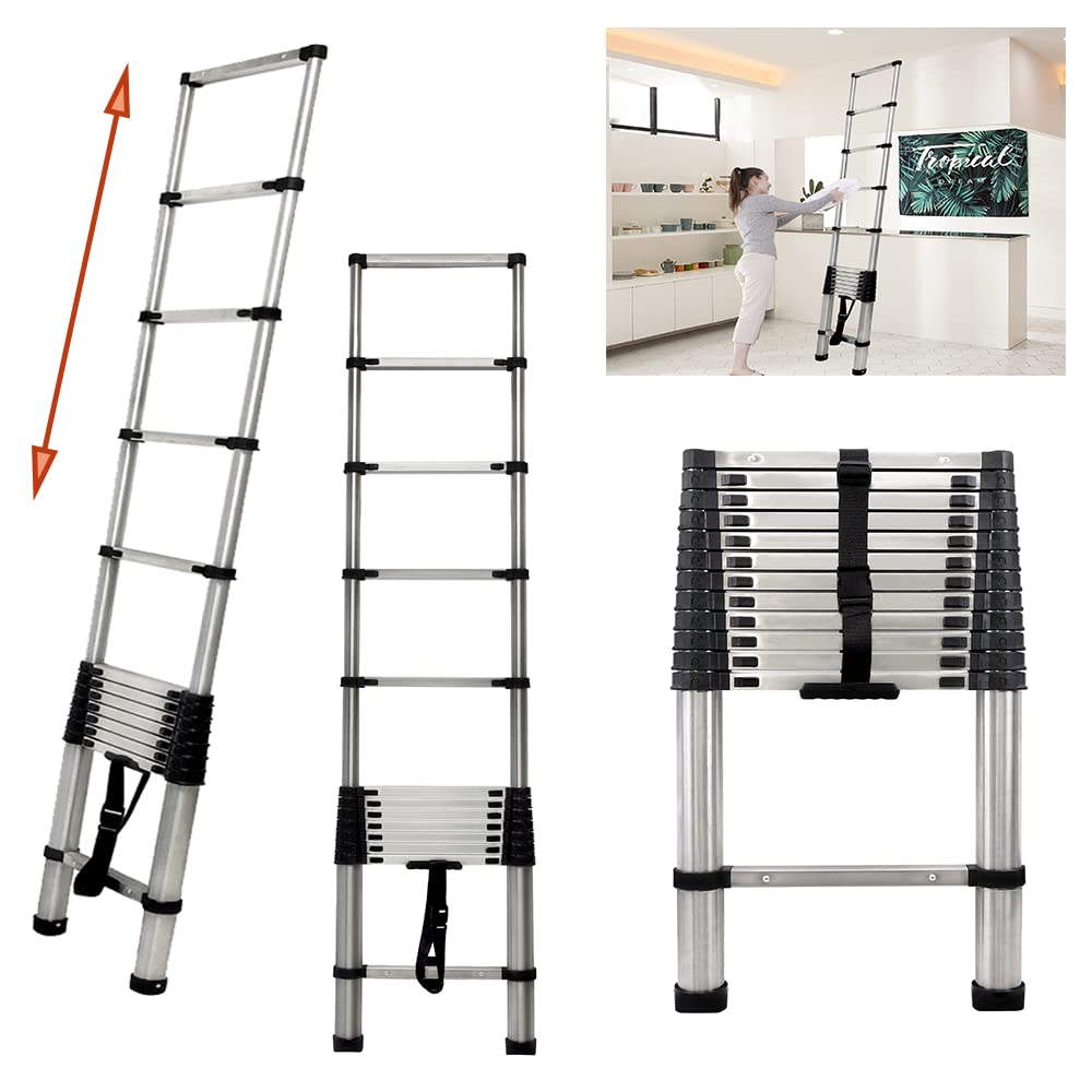Telescopic Foldable 12.5ft/3.8m Extendable Ladder with Non-Slip Feet, Multi-purpose High Loft Ladder for Outdoor Indoor DIY RV Work, 330 Pound Capacity