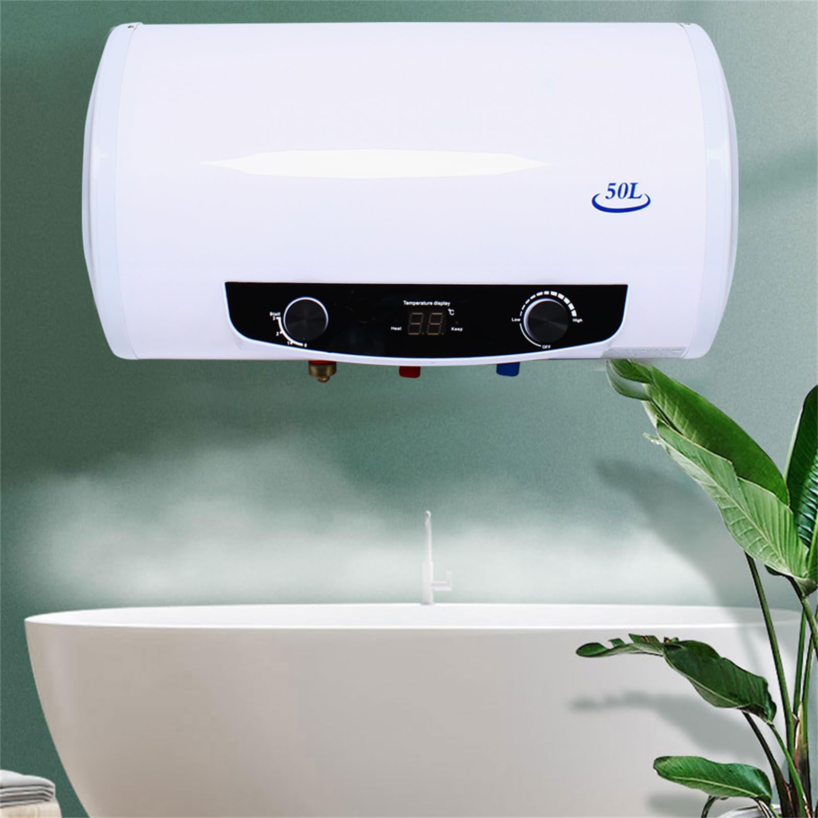 Scaldabagno elettrico orizzontale da 50 l, scaldabagno elettrico, scaldabagno elettrico, serbatoio per acqua calda, termostato a 30 – 75 °C, bianco