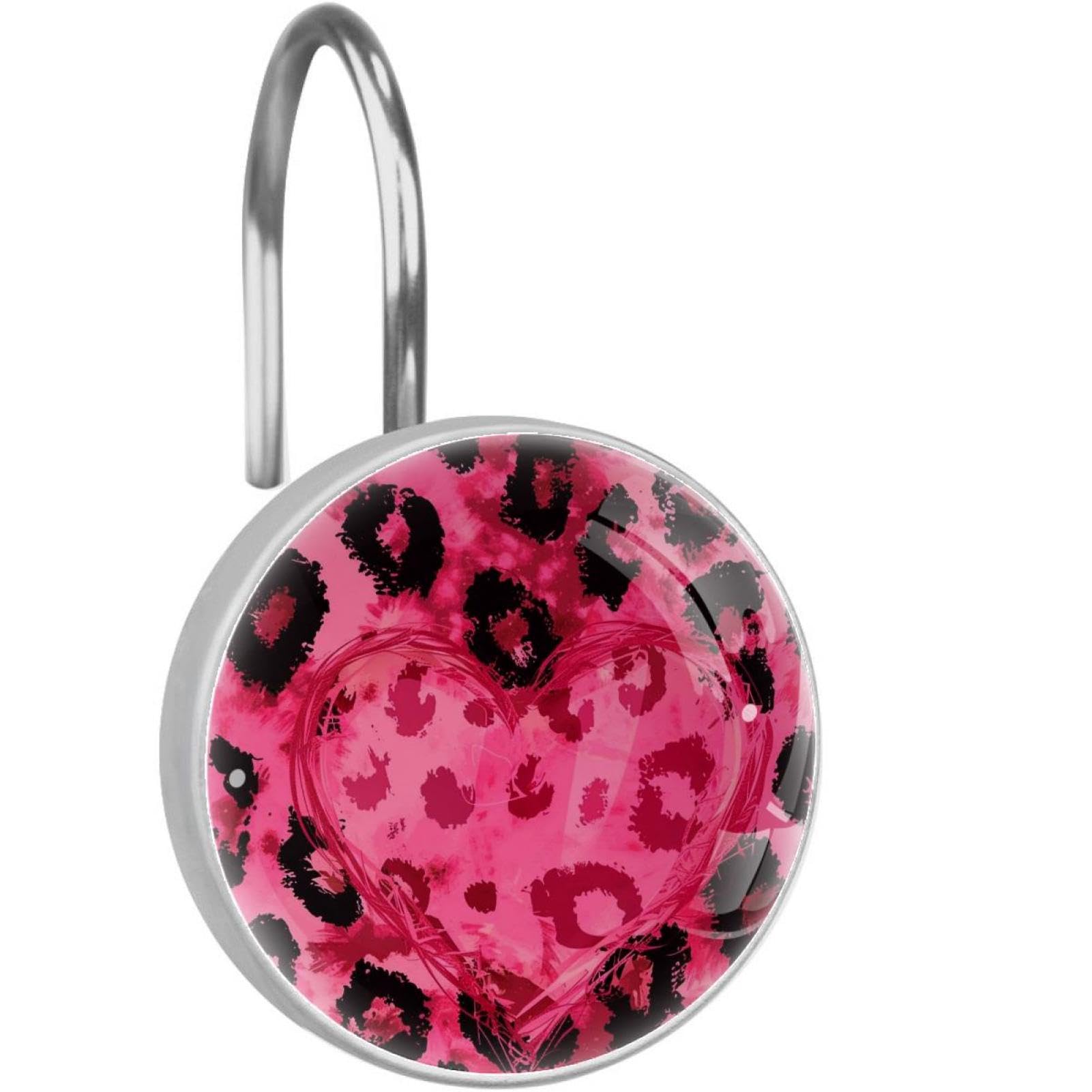 Ganchos de cortina de ducha redondos con corazones rosa y estampado de leopardo, pack de 12