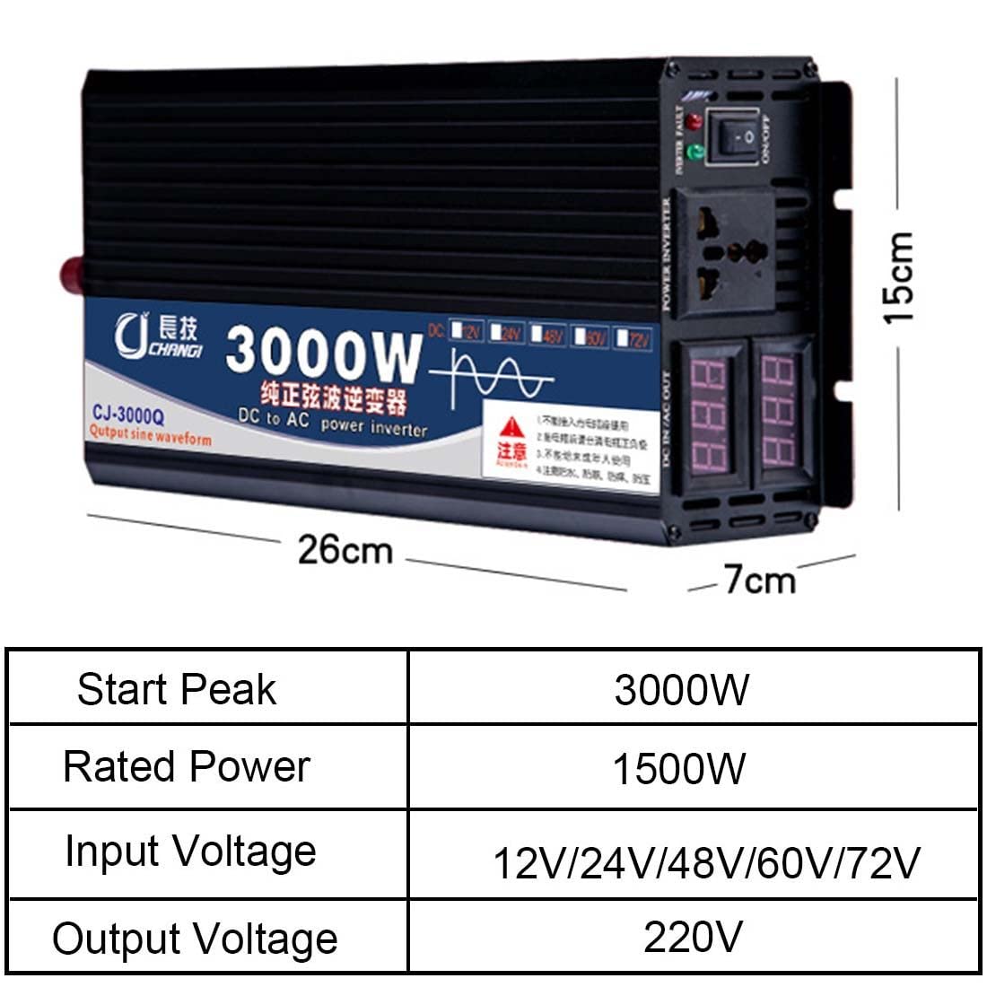 Przetwornica Samochodowa, Przetwornica Sinusoidalna 2600W, 3000W, 4000W, 5000W, Przetwornica Napięcia 12V/24V/48V/60V/72V Do 220V, Niezbędnik Do Podróży Na Zewnątrz,3000W-12V