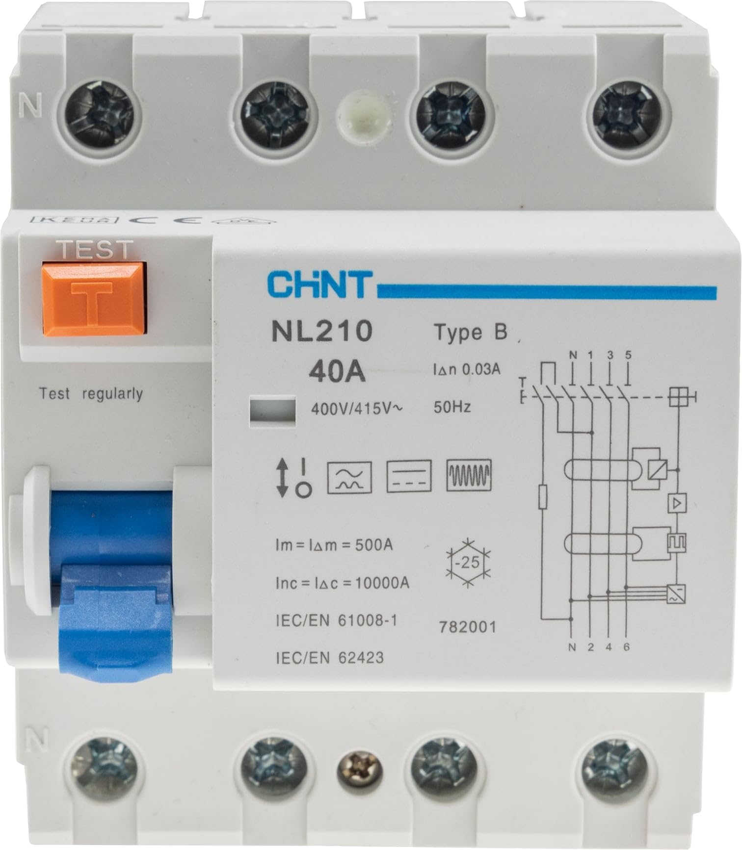 Chint 782001 - Interruttore di protezione a corrente di errore FI B/10 kA, 3 poli, 40 A, 0,03 A