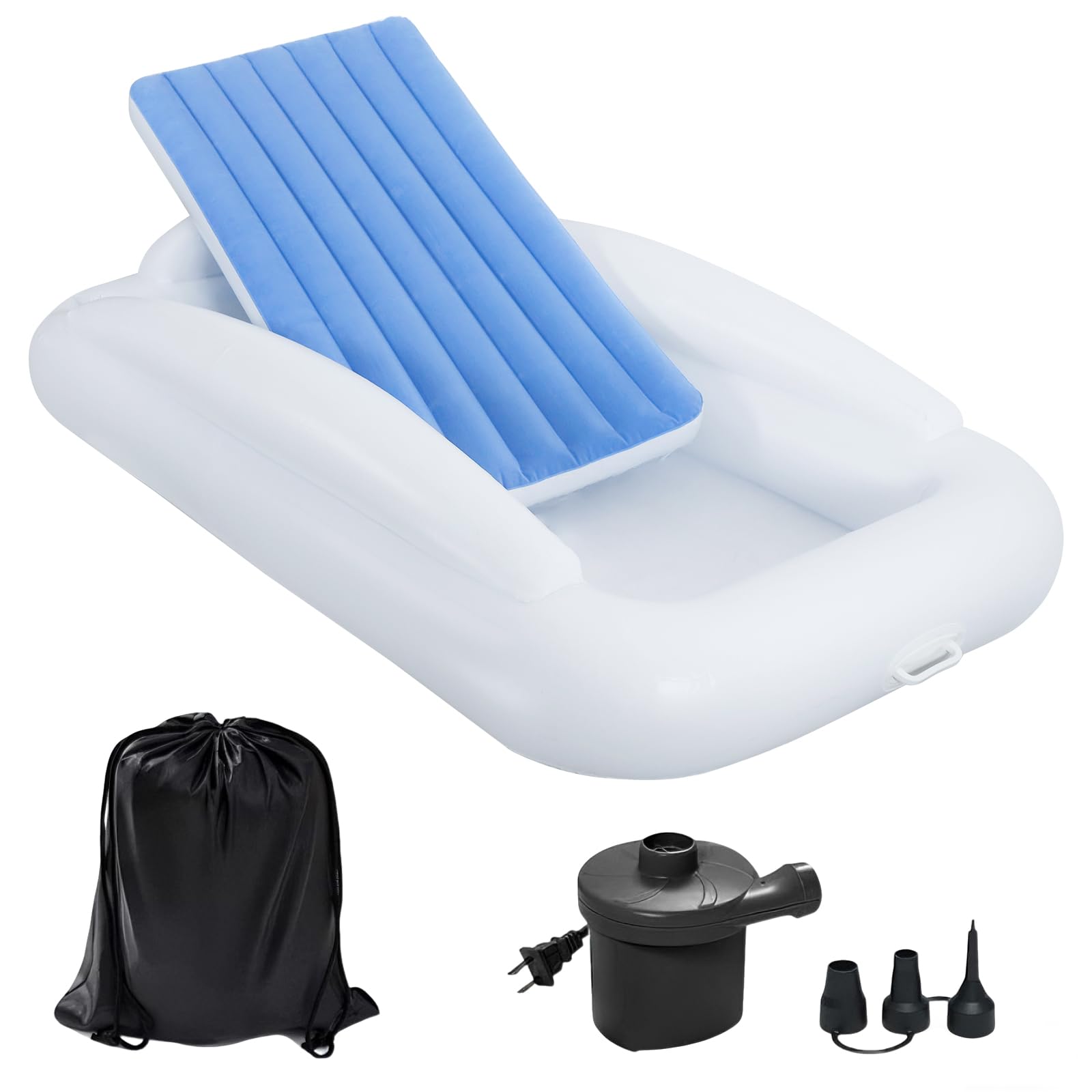 Bloomoja Inflatable Toddler Travel Bed with Safety Bumpers, 63 Inches Portable Kids Air Mattress with High-Speed Pump, Inflatable Toddler Bed for Travel Camping and Grandmas House, Blue