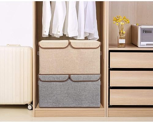 Miniatura 6 de UUJOLY Contenedores grandes de almacenamiento plegables de tela de lino, cajas de almacenamiento con tapa y asas para el hogar, oficina, armario,